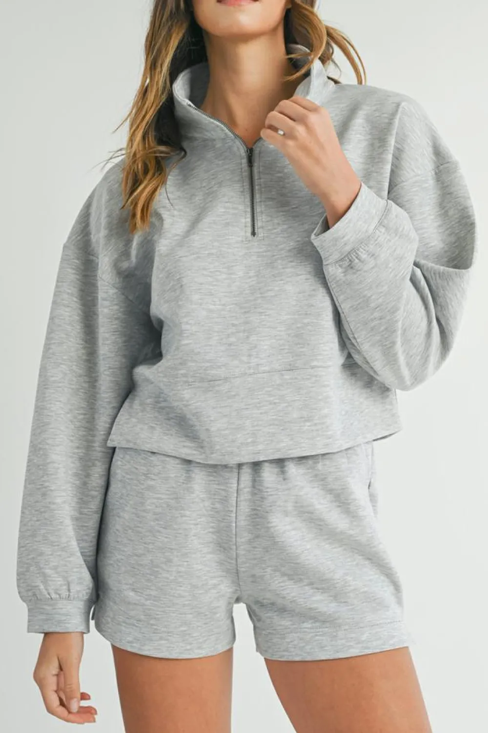 Discount Dear-Lover Stand Neck Zipped Sweatshirt and Shorts Set Light Grey