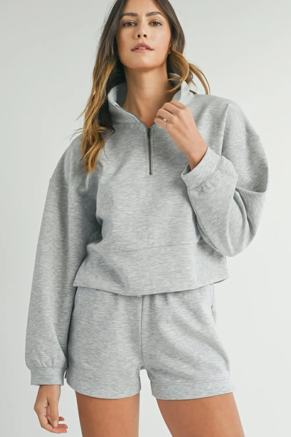 Discount Dear-Lover Stand Neck Zipped Sweatshirt and Shorts Set Light Grey