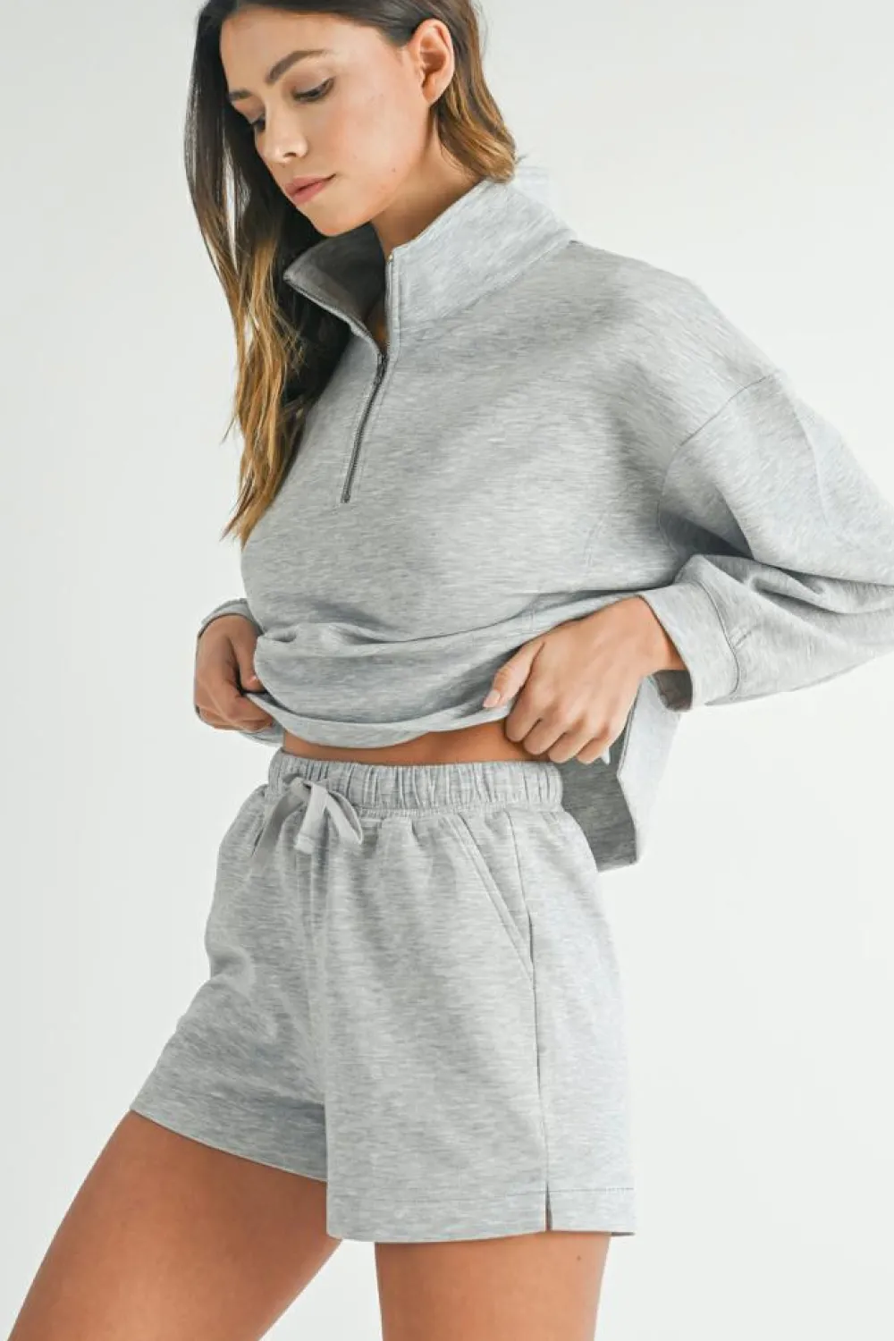Discount Dear-Lover Stand Neck Zipped Sweatshirt and Shorts Set Light Grey
