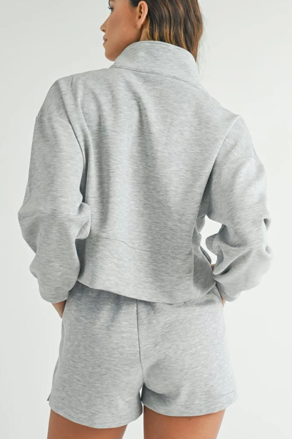 Discount Dear-Lover Stand Neck Zipped Sweatshirt and Shorts Set Light Grey