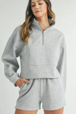 Discount Dear-Lover Stand Neck Zipped Sweatshirt and Shorts Set Light Grey