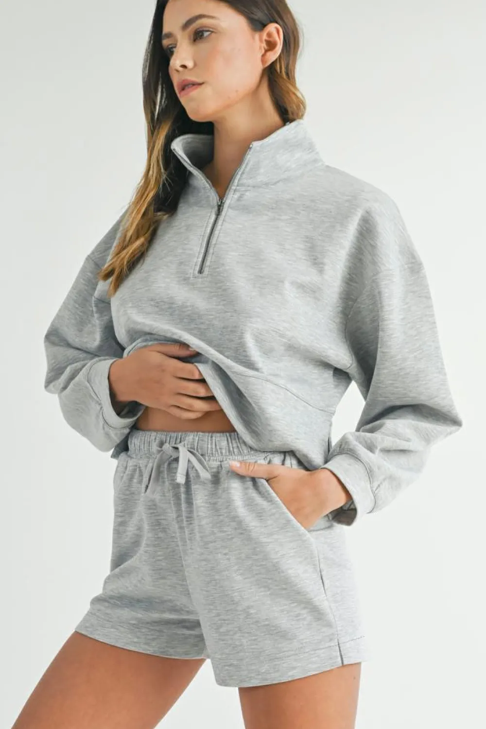 Discount Dear-Lover Stand Neck Zipped Sweatshirt and Shorts Set Light Grey