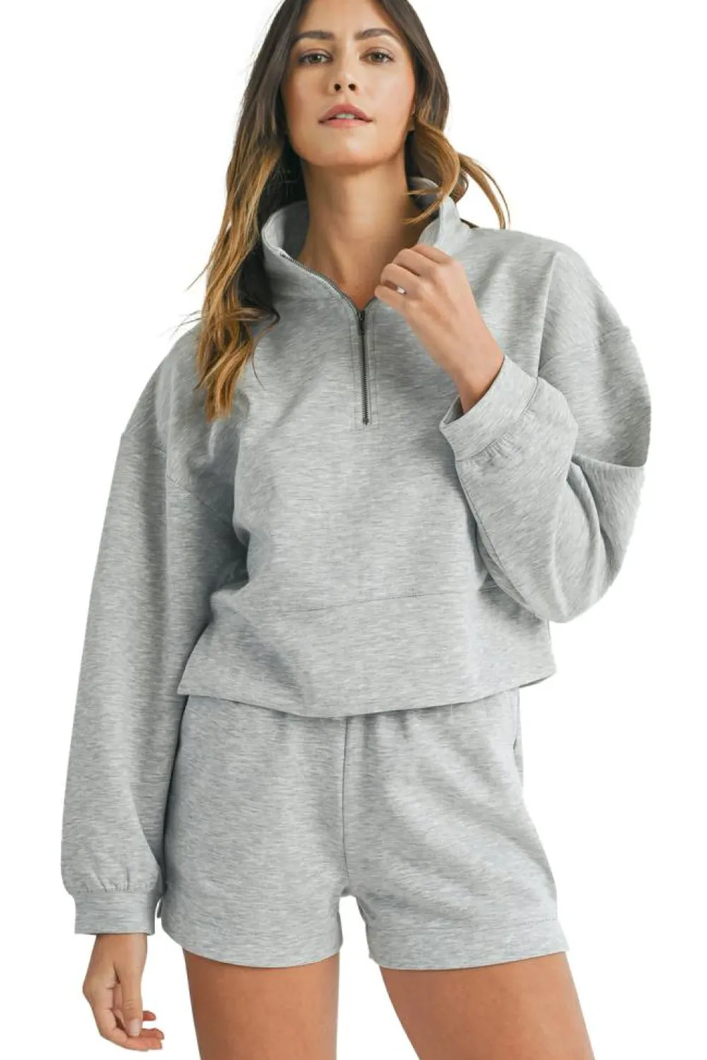 Discount Dear-Lover Stand Neck Zipped Sweatshirt and Shorts Set Light Grey