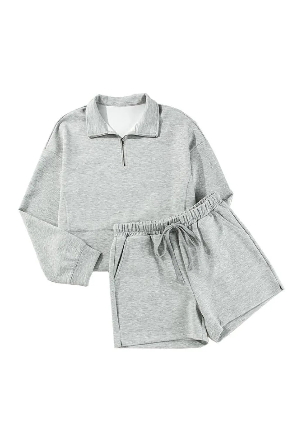 Discount Dear-Lover Stand Neck Zipped Sweatshirt and Shorts Set Light Grey