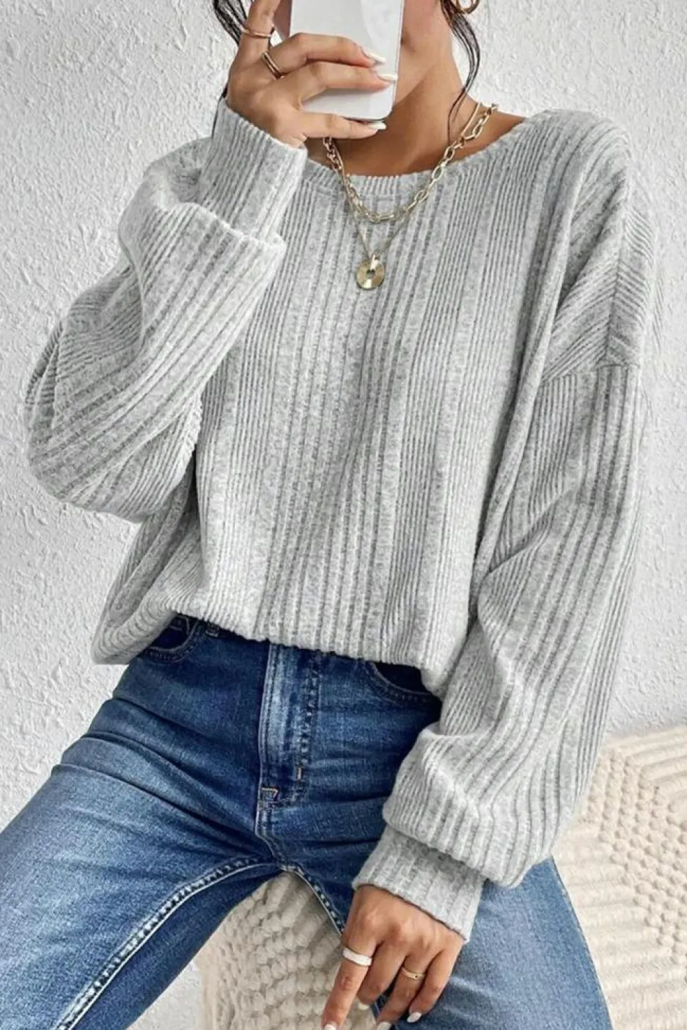 Fashion Dear-Lover Textured Crossover Backless Knit Long Sleeve Top Light Grey