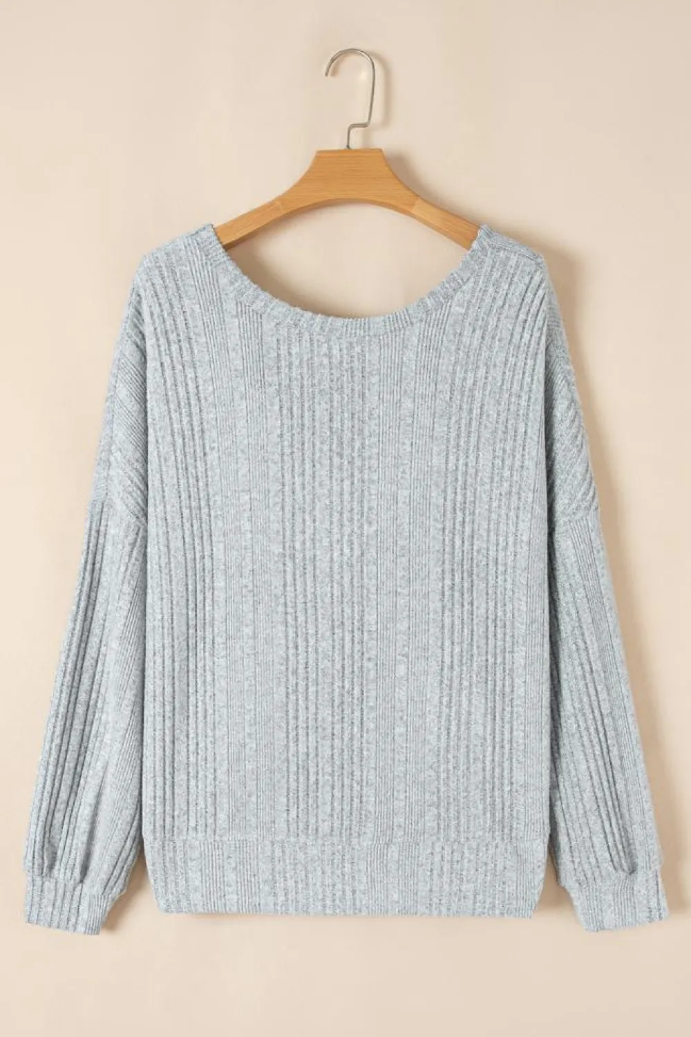 Fashion Dear-Lover Textured Crossover Backless Knit Long Sleeve Top Light Grey