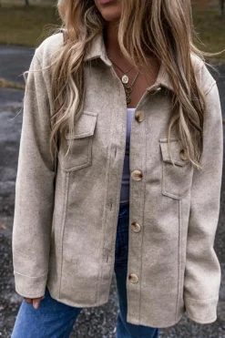 Outlet Dear-Lover Turn Down Collar Flap Pockets Buttoned Shacket Light Grey