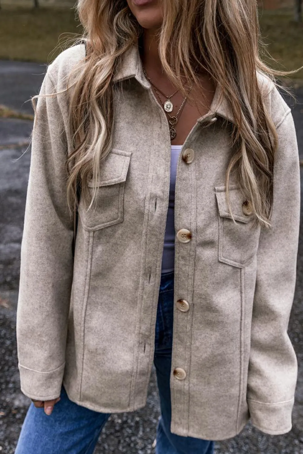 Outlet Dear-Lover Turn Down Collar Flap Pockets Buttoned Shacket Light Grey