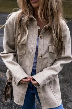 Outlet Dear-Lover Turn Down Collar Flap Pockets Buttoned Shacket Light Grey