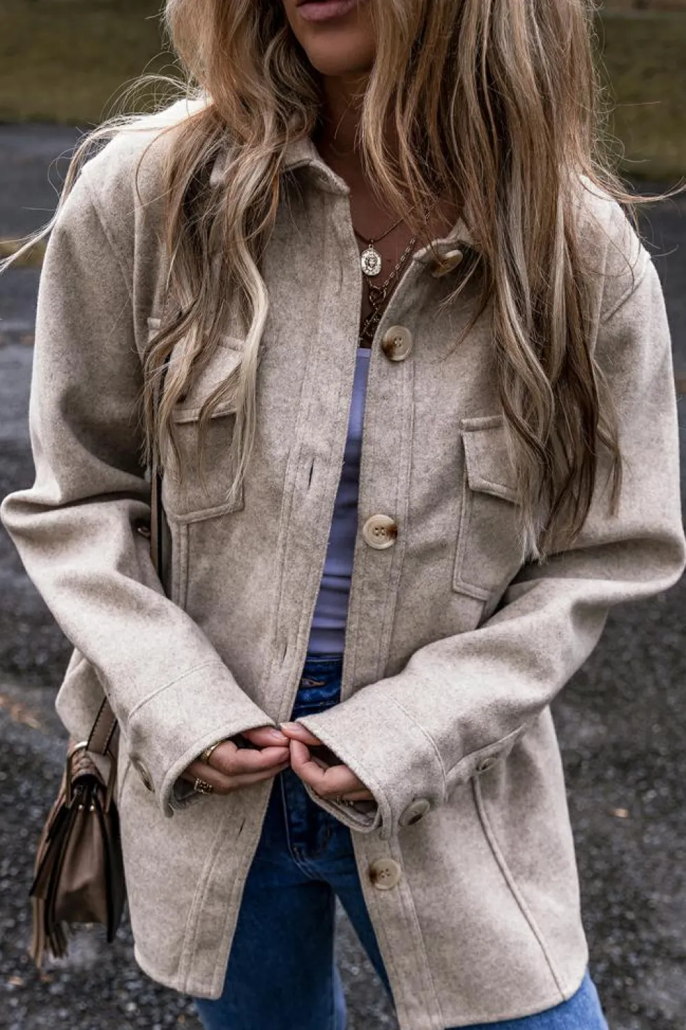 Outlet Dear-Lover Turn Down Collar Flap Pockets Buttoned Shacket Light Grey