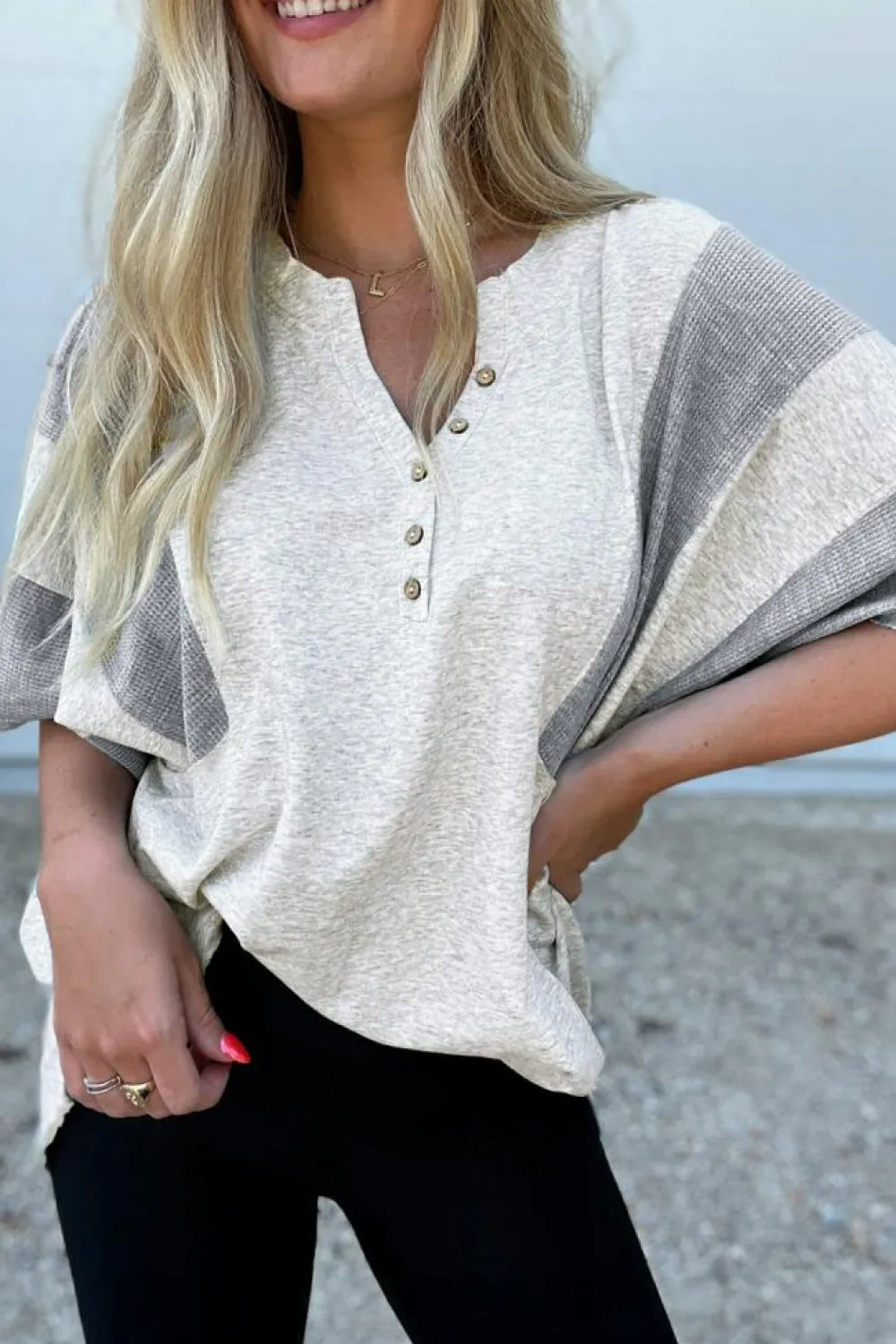 Sale Dear-Lover Two Tone Contrast Waffle Knit Patched Buttoned V Neck Top Light Grey