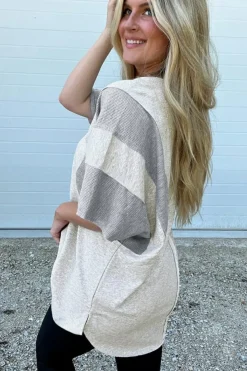 Sale Dear-Lover Two Tone Contrast Waffle Knit Patched Buttoned V Neck Top Light Grey