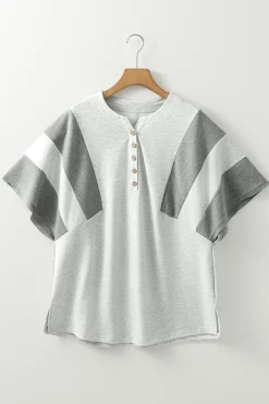 Sale Dear-Lover Two Tone Contrast Waffle Knit Patched Buttoned V Neck Top Light Grey