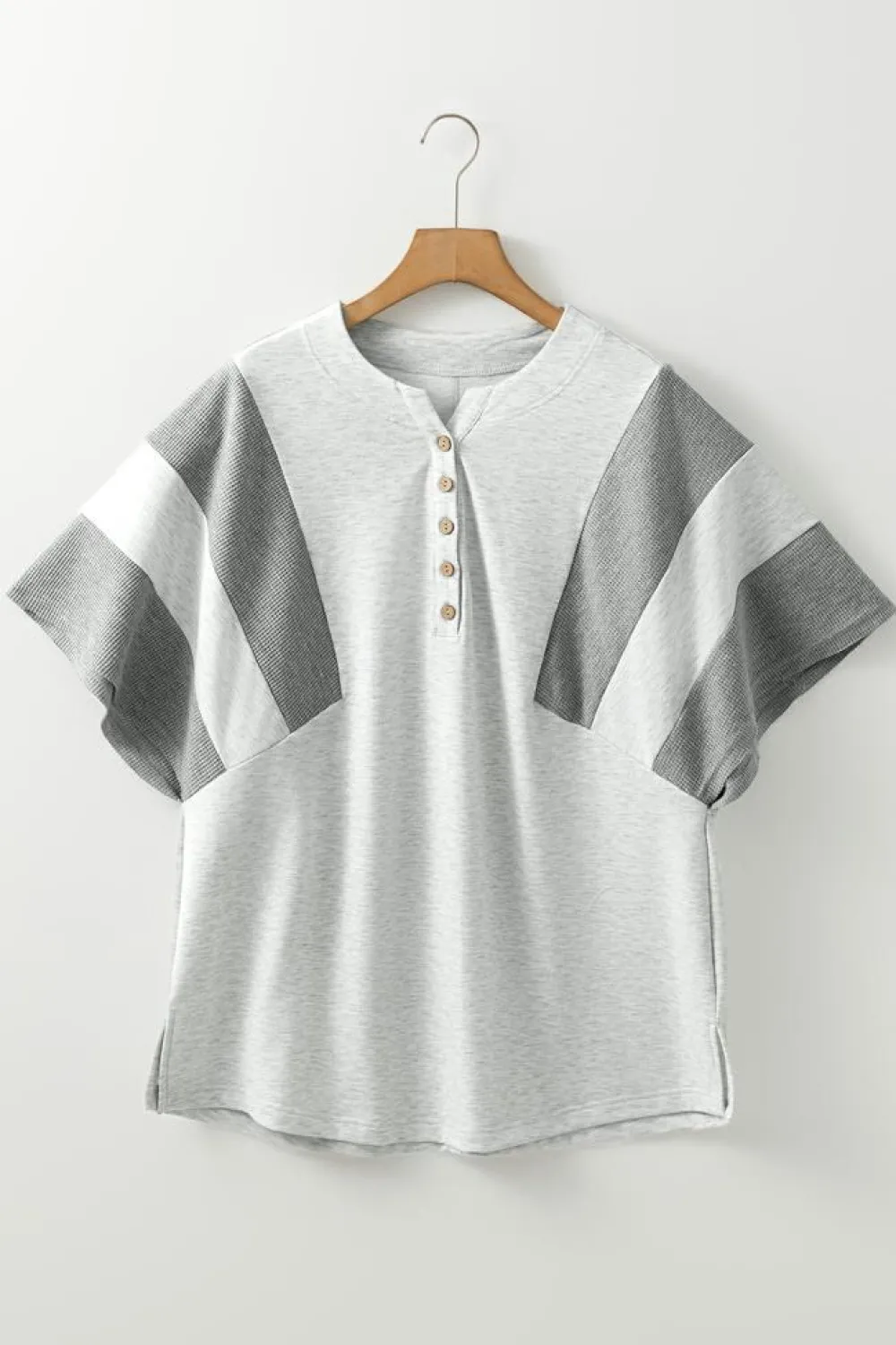 Sale Dear-Lover Two Tone Contrast Waffle Knit Patched Buttoned V Neck Top Light Grey