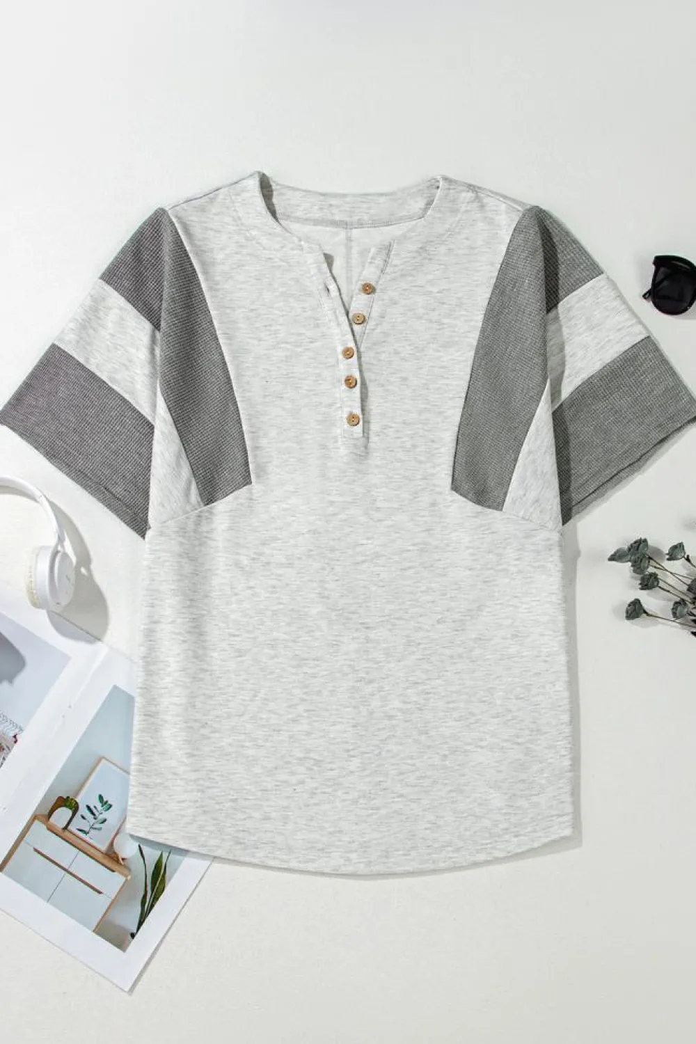 Sale Dear-Lover Two Tone Contrast Waffle Knit Patched Buttoned V Neck Top Light Grey