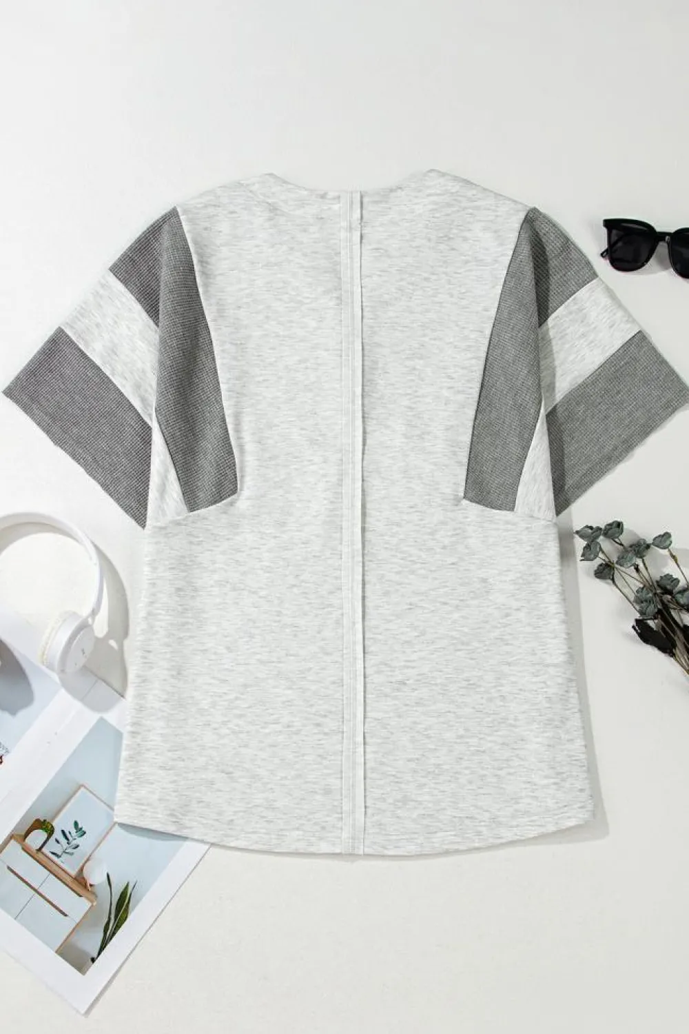 Sale Dear-Lover Two Tone Contrast Waffle Knit Patched Buttoned V Neck Top Light Grey