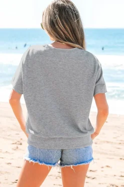 Outlet Dear-Lover USA Lettering Patch Notched Neck Loose Tee Light Grey