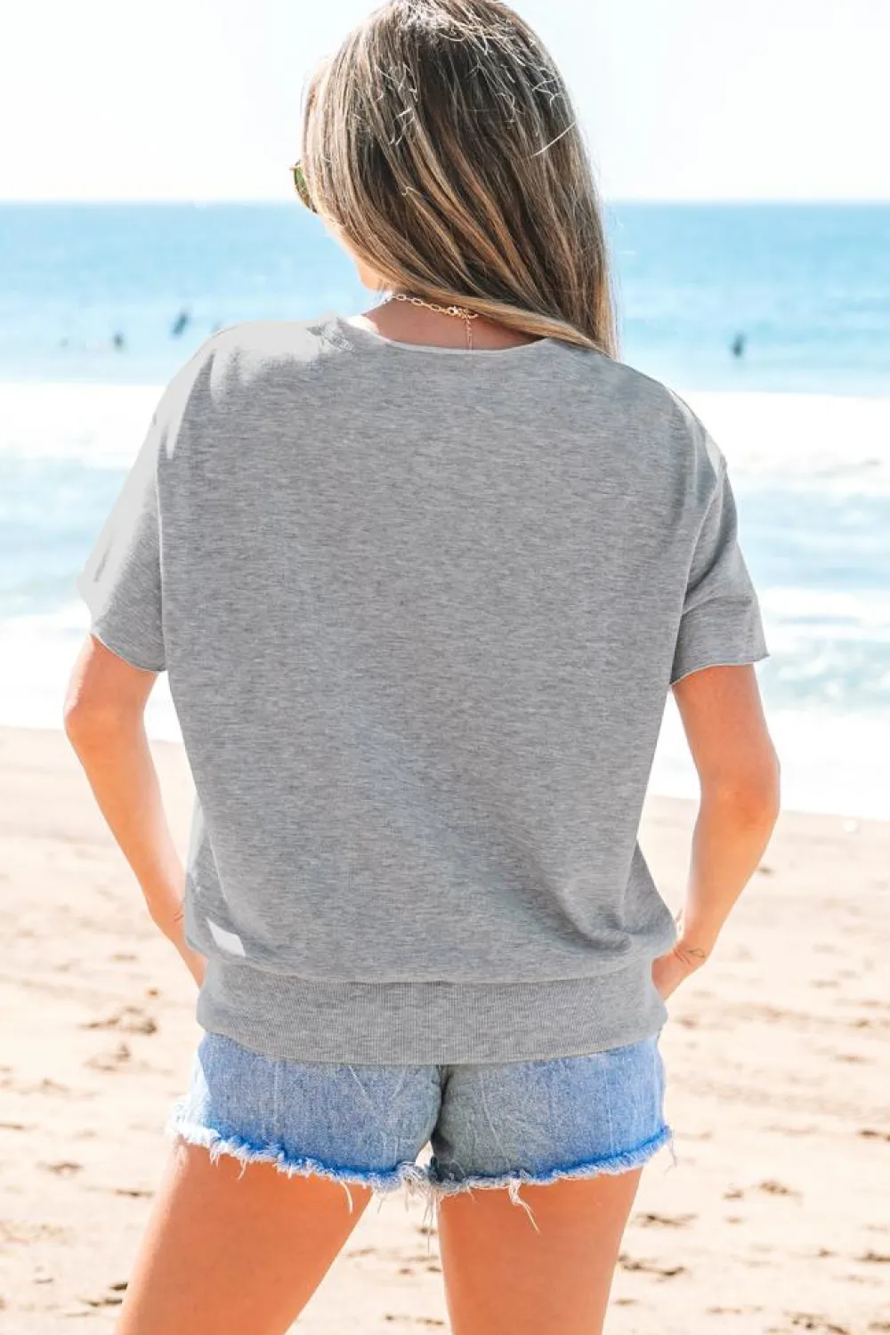 Outlet Dear-Lover USA Lettering Patch Notched Neck Loose Tee Light Grey