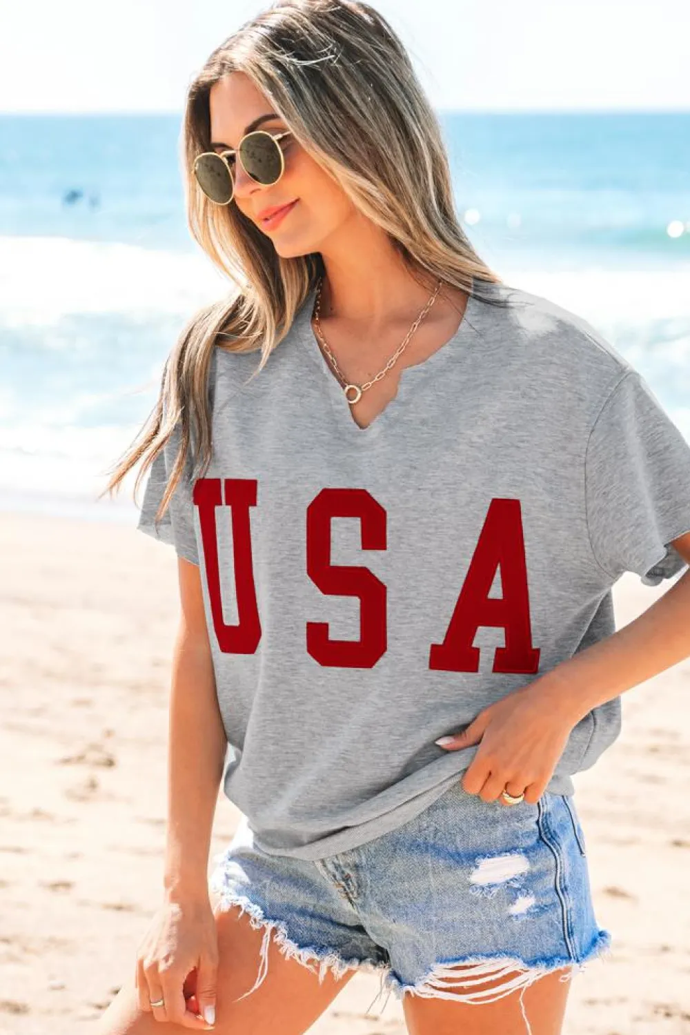 Outlet Dear-Lover USA Lettering Patch Notched Neck Loose Tee Light Grey