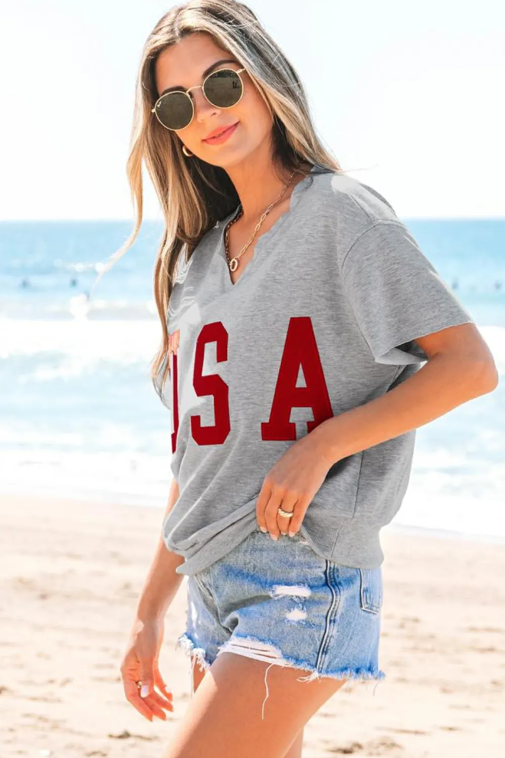 Outlet Dear-Lover USA Lettering Patch Notched Neck Loose Tee Light Grey