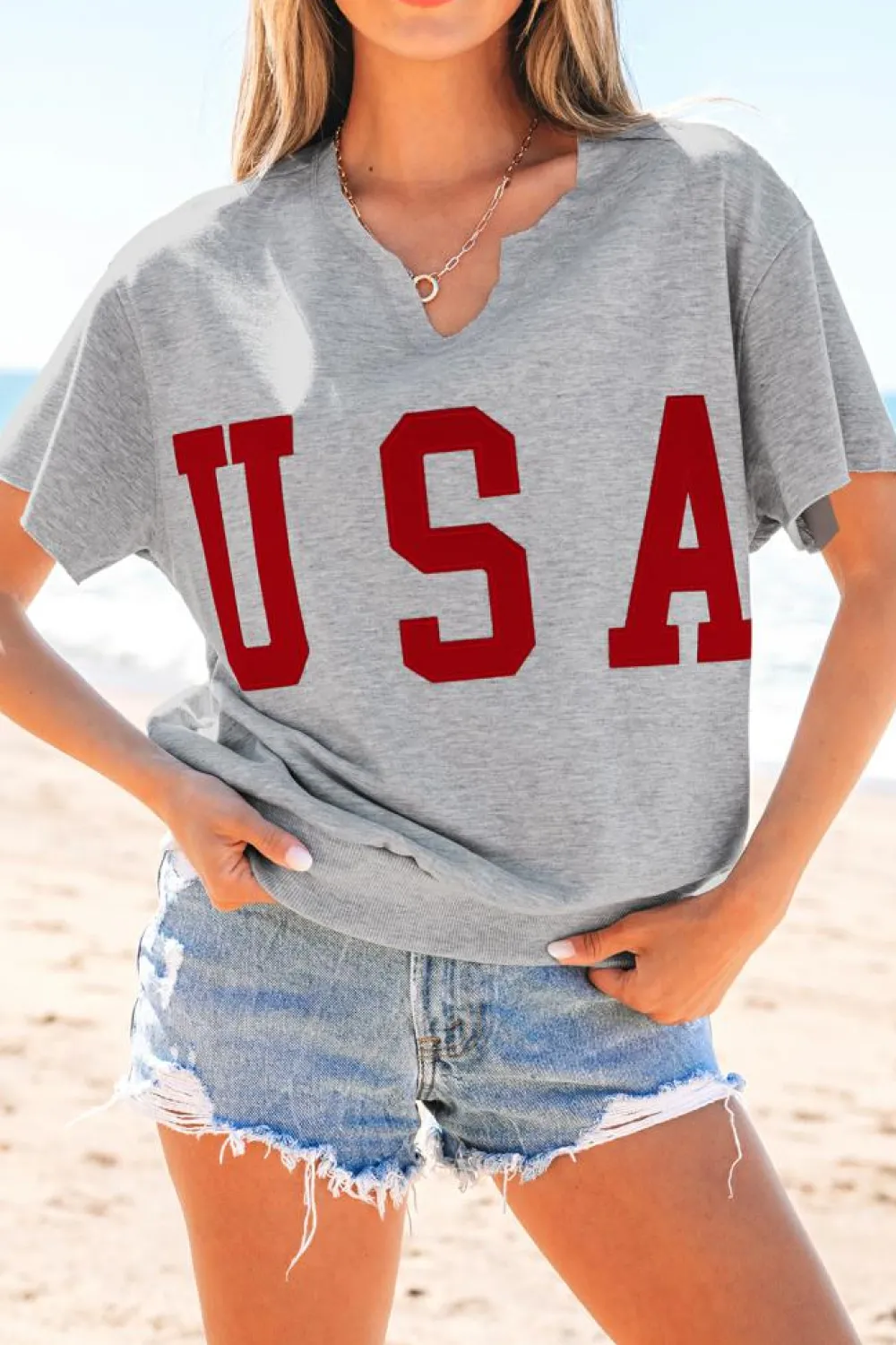 Outlet Dear-Lover USA Lettering Patch Notched Neck Loose Tee Light Grey