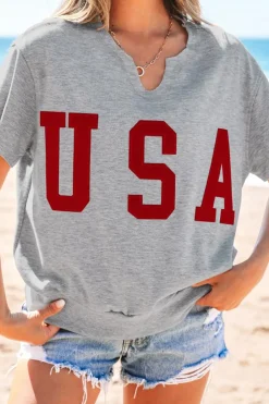 Outlet Dear-Lover USA Lettering Patch Notched Neck Loose Tee Light Grey