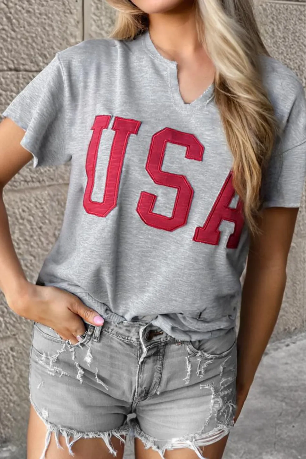 Outlet Dear-Lover USA Lettering Patch Notched Neck Loose Tee Light Grey