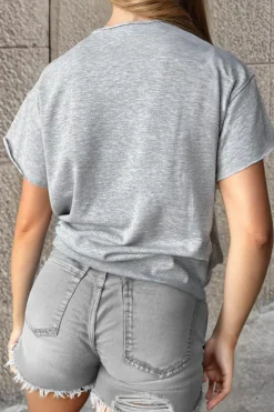 Outlet Dear-Lover USA Lettering Patch Notched Neck Loose Tee Light Grey