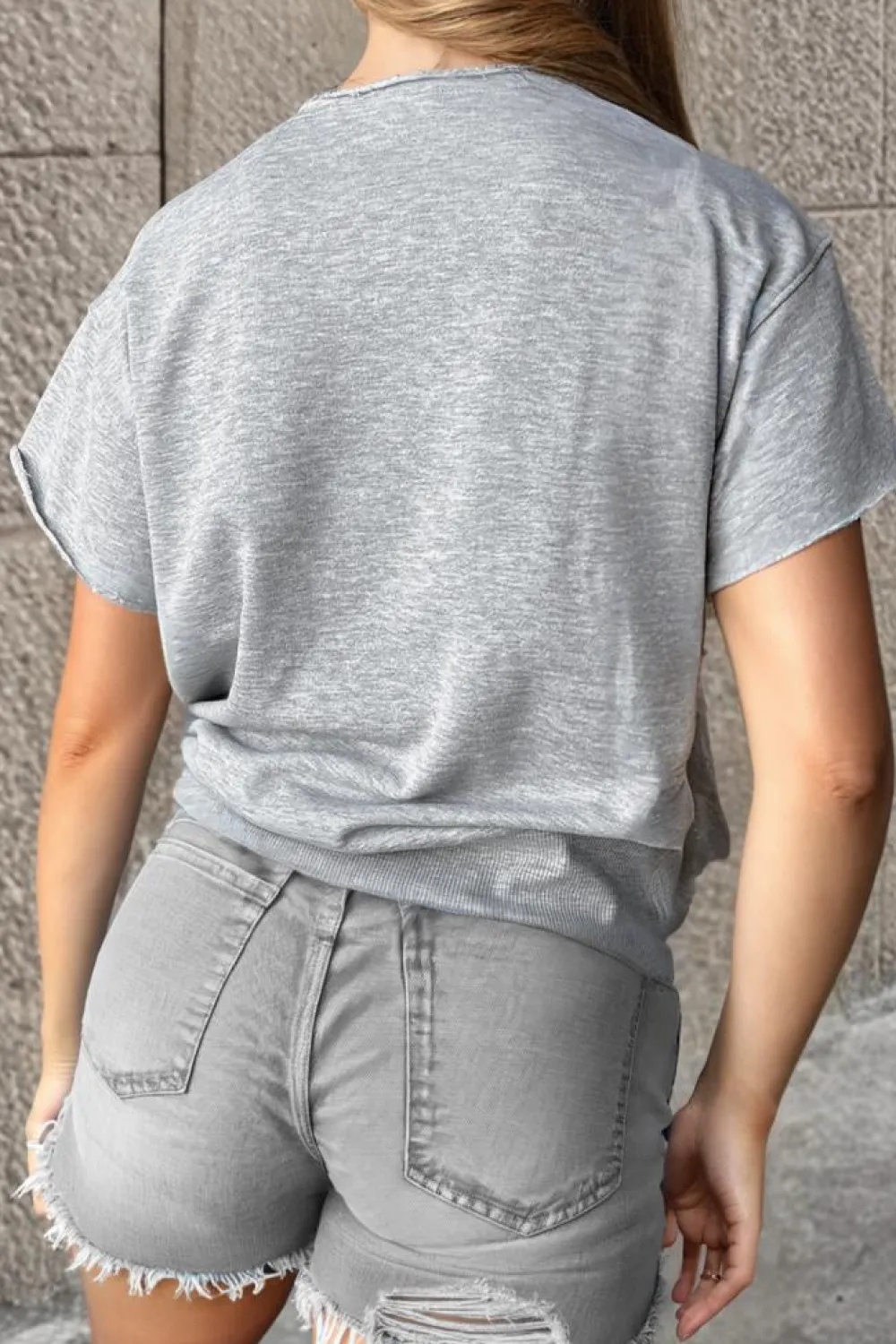 Outlet Dear-Lover USA Lettering Patch Notched Neck Loose Tee Light Grey