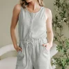 Best Dear-Lover Waffle Knit Sleeveless Buttoned Front Drawstring Waist Romper Light Grey