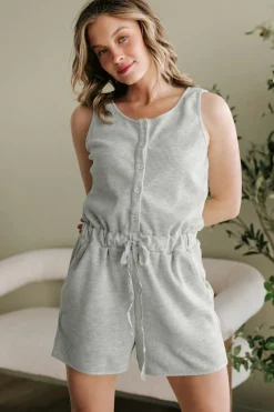 Best Dear-Lover Waffle Knit Sleeveless Buttoned Front Drawstring Waist Romper Light Grey