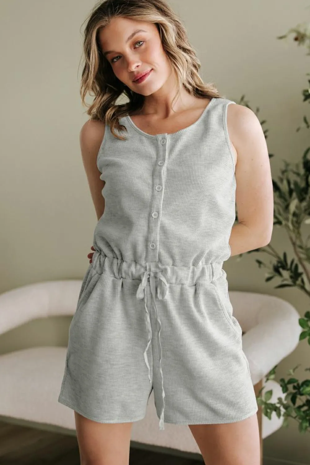 Best Dear-Lover Waffle Knit Sleeveless Buttoned Front Drawstring Waist Romper Light Grey