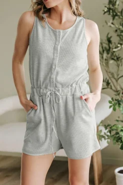 Best Dear-Lover Waffle Knit Sleeveless Buttoned Front Drawstring Waist Romper Light Grey