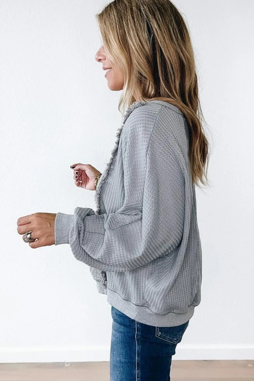 Clearance Dear-Lover Waffle Patchwork Long Sleeve Raw Hem Pullover Top Light Grey