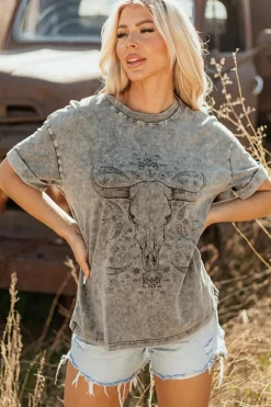 Best Dear-Lover Western Steer Head Tie Dye Print Crew Neck T Shirt Light Grey