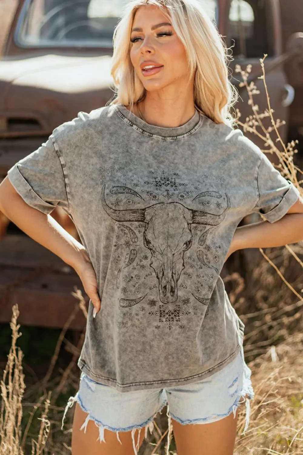 Best Dear-Lover Western Steer Head Tie Dye Print Crew Neck T Shirt Light Grey