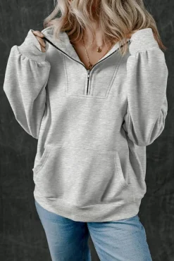 Outlet Dear-Lover Zip-up Stand Neck Kangaroo Pocket Sweatshirt Light Grey