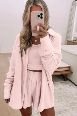 Best Dear-Lover 3 Pcs Crop Tank Top Shorts with Cardigan Lounge Set Light Pink