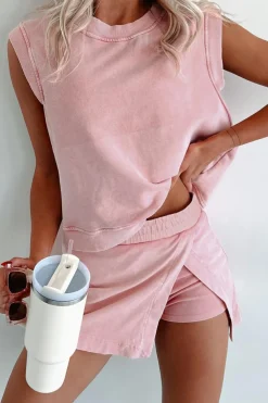 Hot Dear-Lover 2 Pieces Mineral Wash Cotton Tank Top Lined Split Skirt Set Light Pink