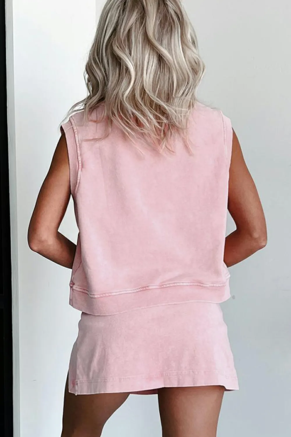 Hot Dear-Lover 2 Pieces Mineral Wash Cotton Tank Top Lined Split Skirt Set Light Pink