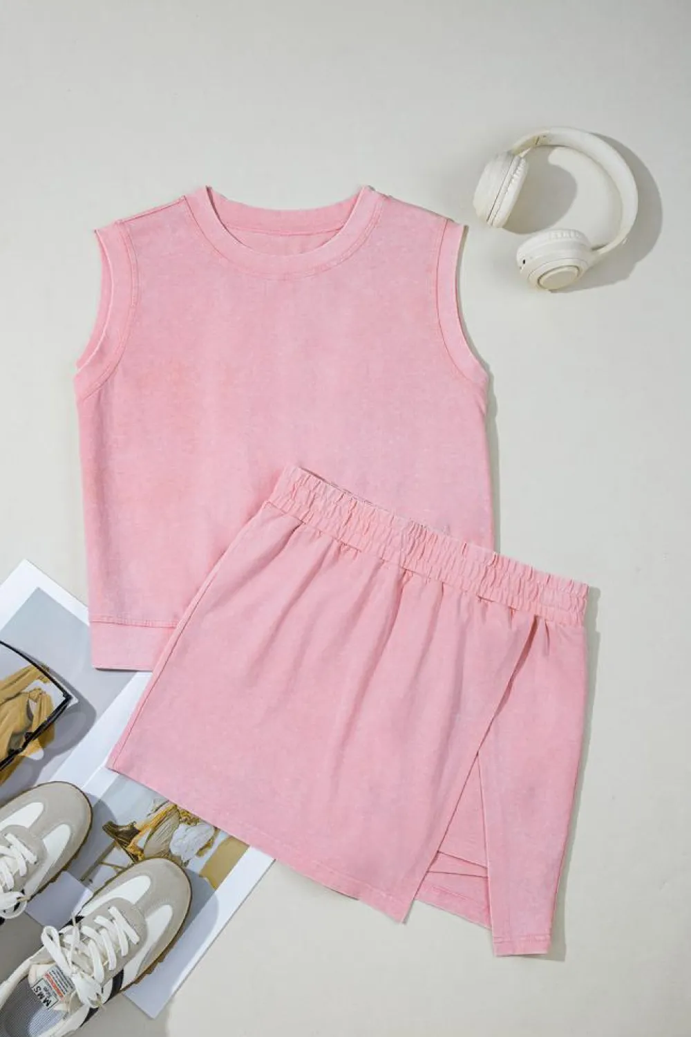 Hot Dear-Lover 2 Pieces Mineral Wash Cotton Tank Top Lined Split Skirt Set Light Pink