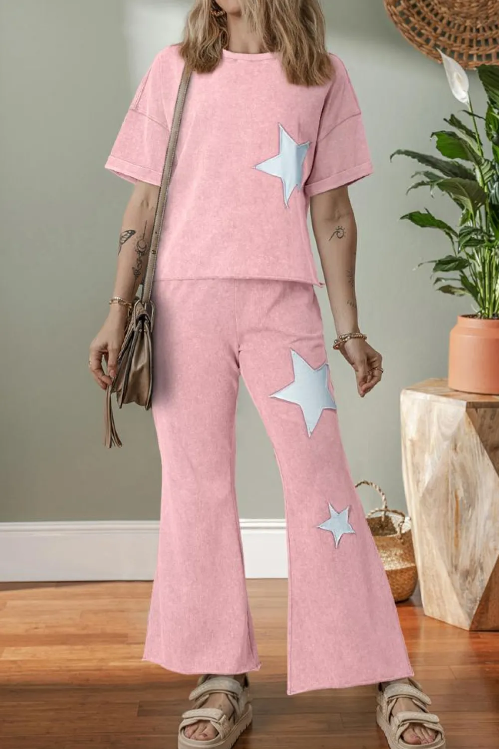 Outlet Dear-Lover Acid Wash Star Patched Rolled Trim Pants Set Light Pink