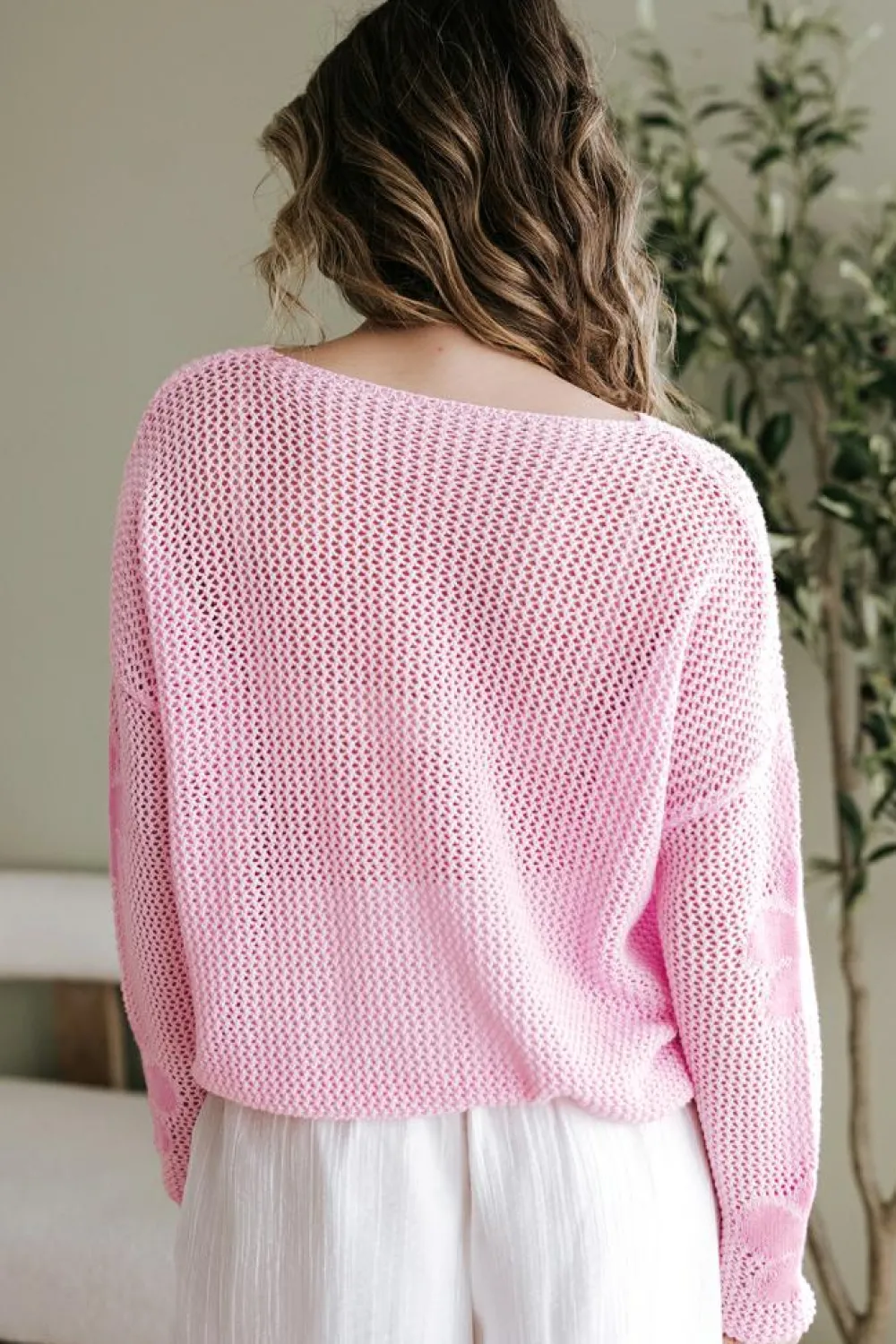 Outlet Dear-Lover Big Flower Hollowed Knit Drop Shoulder Sweater Light Pink