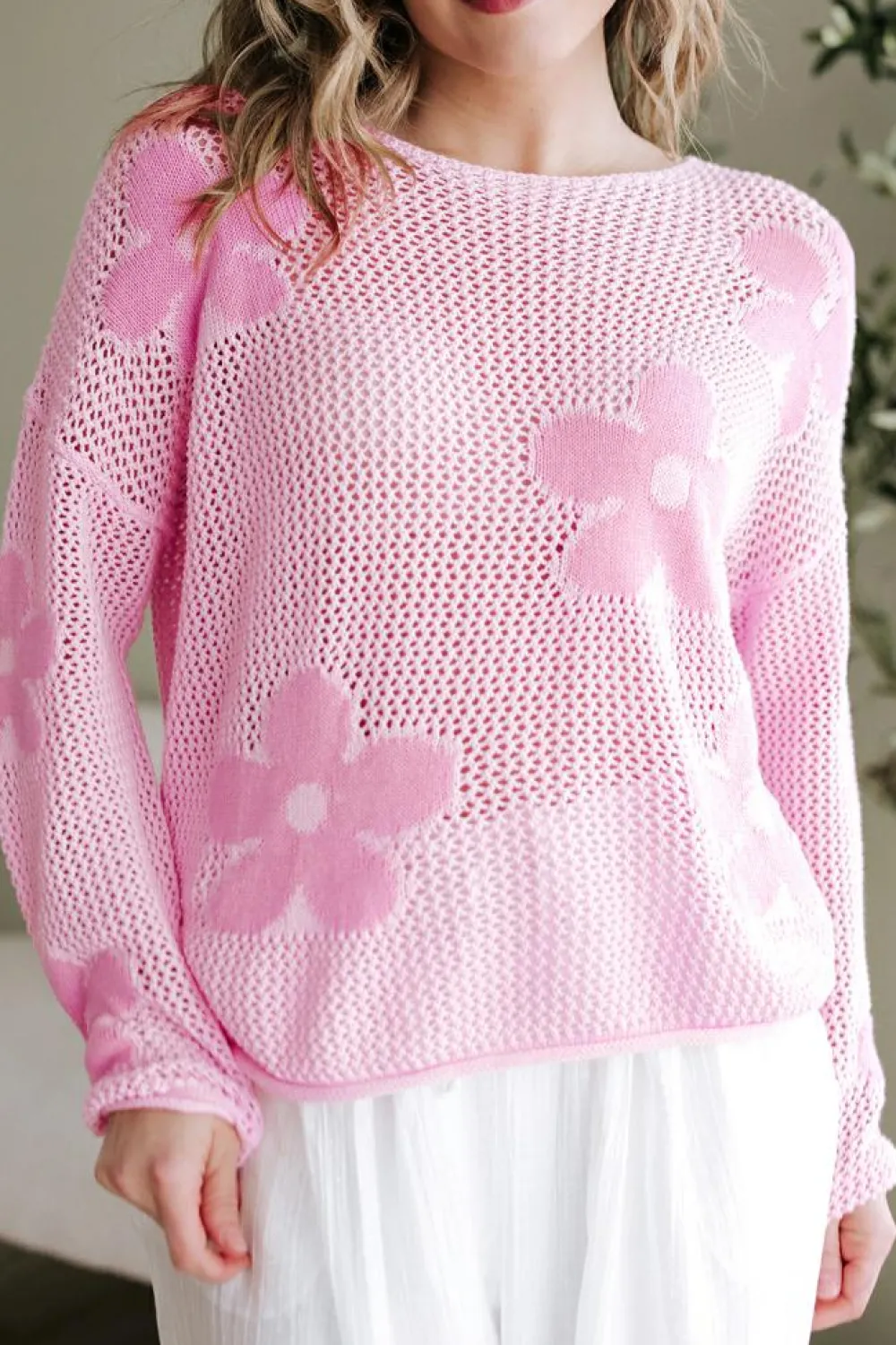 Outlet Dear-Lover Big Flower Hollowed Knit Drop Shoulder Sweater Light Pink