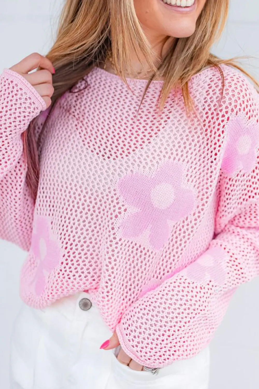 Outlet Dear-Lover Big Flower Hollowed Knit Drop Shoulder Sweater Light Pink