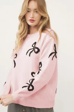New Dear-Lover Bow Pattern Knitted Loose Fit Sweater Light Pink