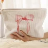 Best Dear-Lover Bowknot Pattern Print Corduroy Zipper Large Cosmetic Bag Light Pink