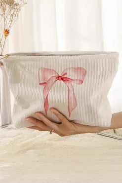 Best Dear-Lover Bowknot Pattern Print Corduroy Zipper Large Cosmetic Bag Light Pink
