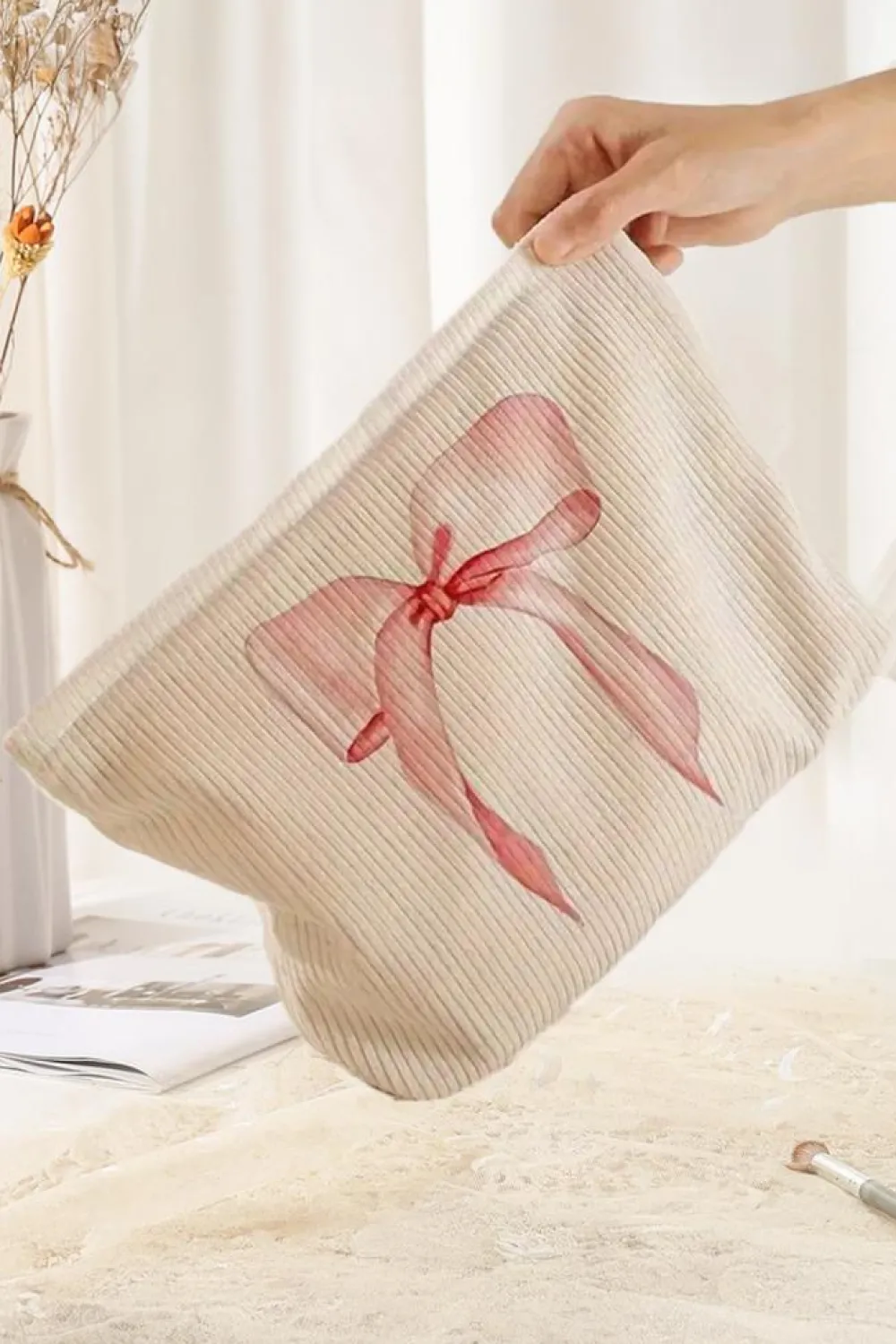 Best Dear-Lover Bowknot Pattern Print Corduroy Zipper Large Cosmetic Bag Light Pink