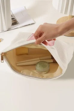 Best Dear-Lover Bowknot Pattern Print Corduroy Zipper Large Cosmetic Bag Light Pink